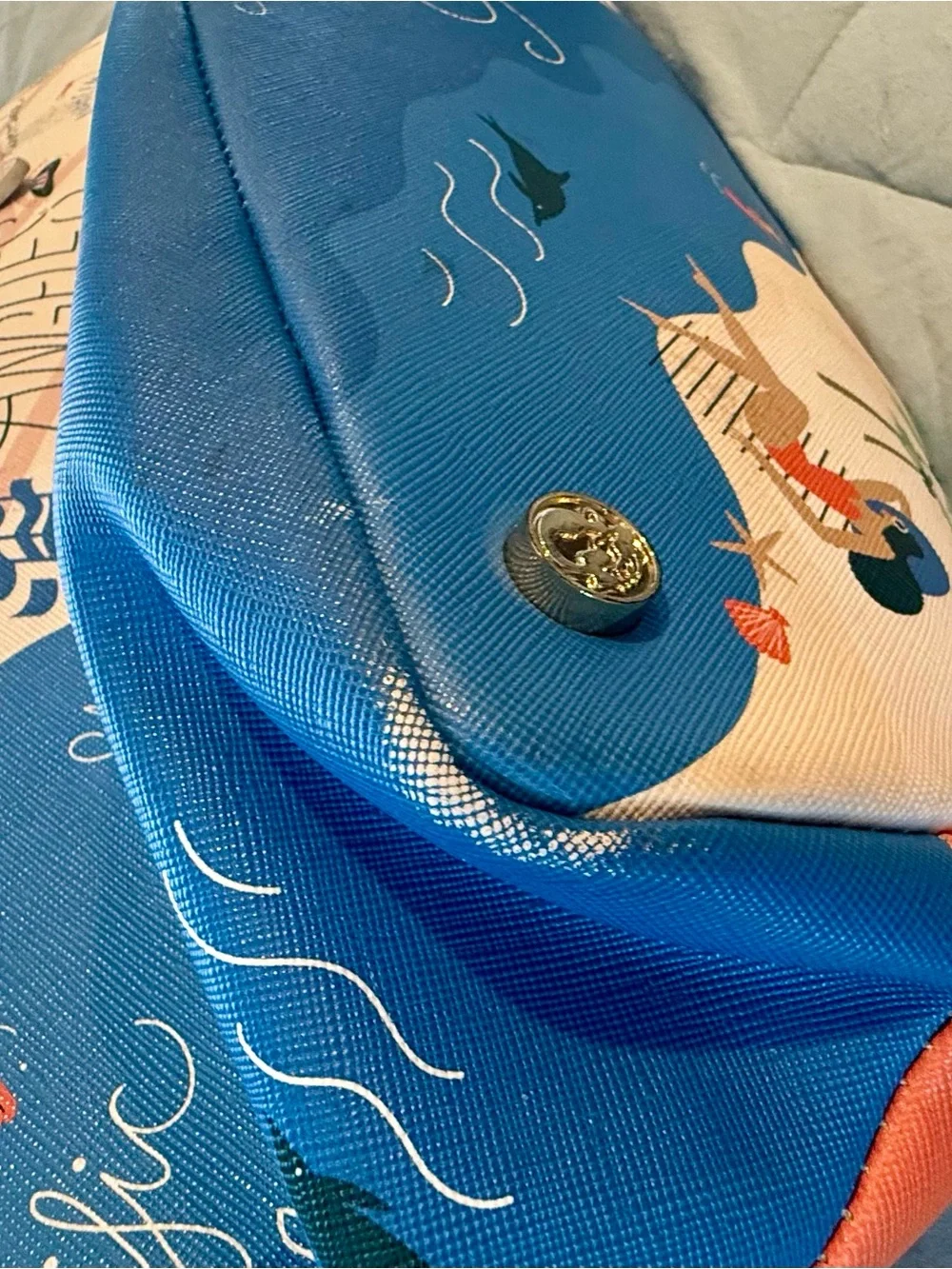 Spartina 449 Southern California Beige, Blue & Coral Illustrated Shoulder Tote